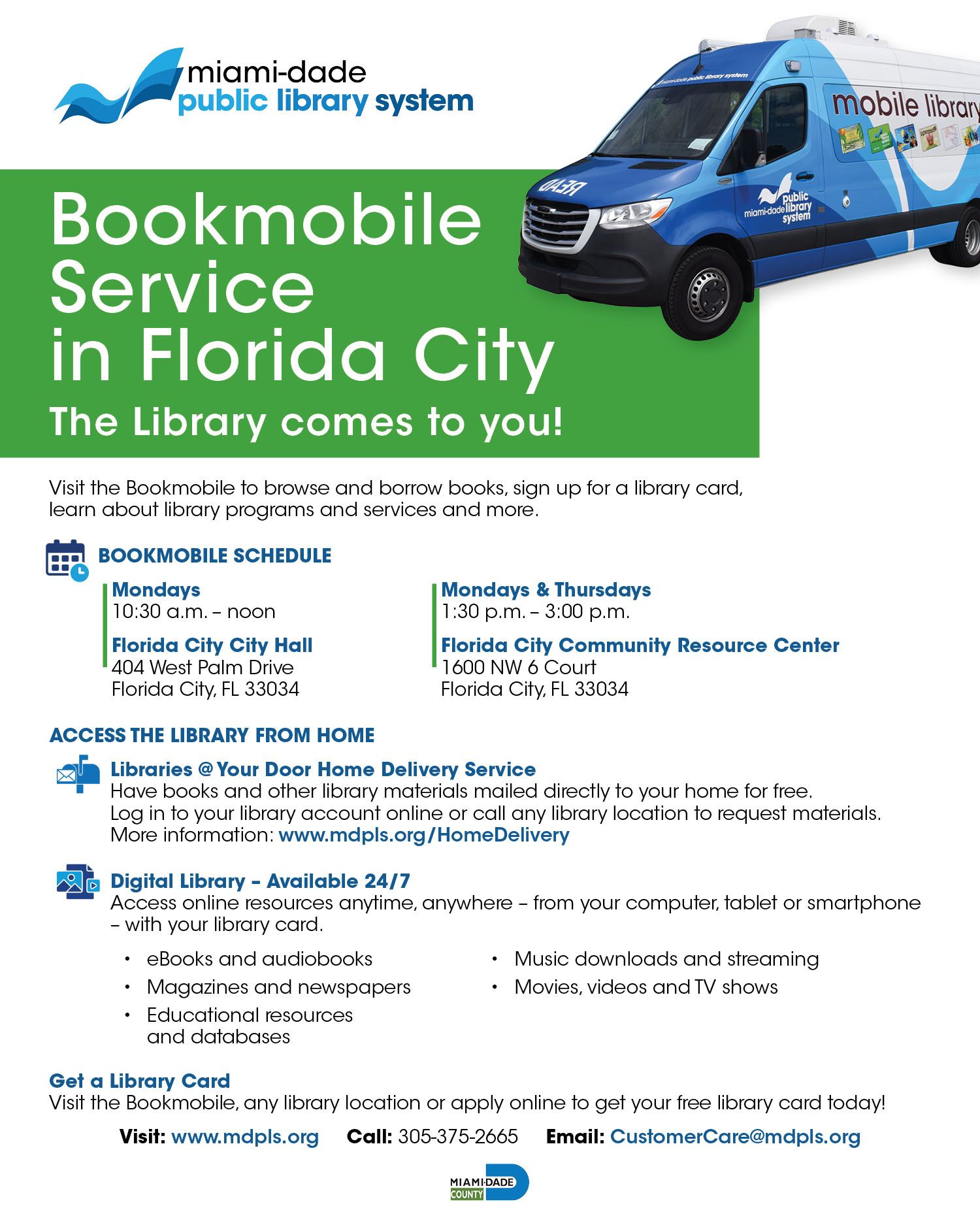 Flyer for Miami-Dade Public Library System's Bookmobile Service in Florida City, showing the mobile library van, schedule, locations, and contact information.